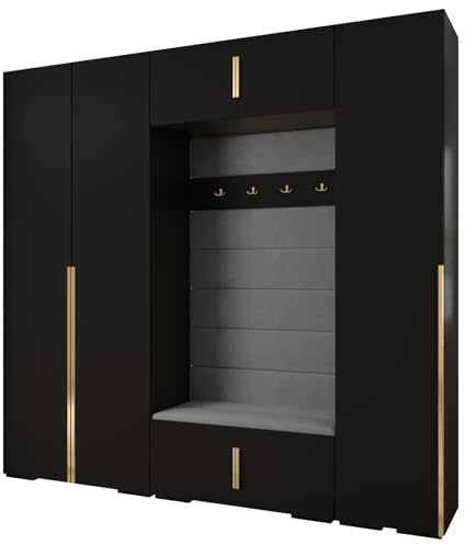 MEBLE KRYSPOL Inova 1 Möbelset - Moderne Garderobe - für Schlafzimmer, Wohnzimmer, Flur, Kinderzimmer - Ankleidemöbel - 236,7x250x47cm - Schwarz, Paneele Manila 16, Handgriff Gold