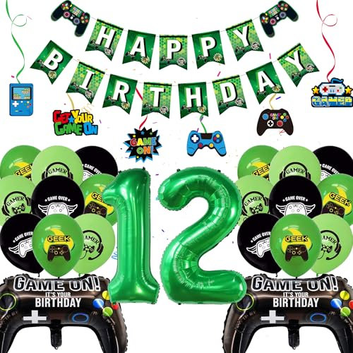 Video Game 12th Birthday Decorations - 43 Pieces Green Gaming Party Decorations for Boys, Happy Birthday Banner, Hanging Swirls, Gaming Balloons Game Controller Foil Balloons for Kids Gamer Birthday