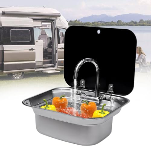 XDLYWUZIQ Ensemble De Lavabo pour Caravane, évier De Lavabo Rectangulaire à Cuve Unique avec Couvercle pour Compatible avec évier De Cuisine en Acier Inoxydable pour Camping-Car