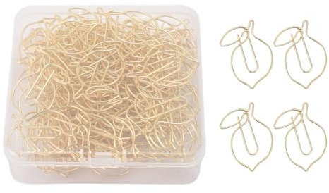 LiebeWH 100 Stück Büroklammern Süßes Zitronen-Design Briefklammern Gold Lesezeichenklammern mit Aufbewahrungsbox für Büro Zuhause Klassenzimmer