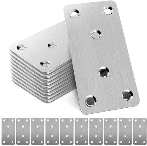 10pcs Metal Flat Brackets for Wood, 80 × 40 × 1.75mm Heavy Duty Stainless Steel Mending Plates, Sleeper Brackets for Fence Post and Timber Fixing and Joining