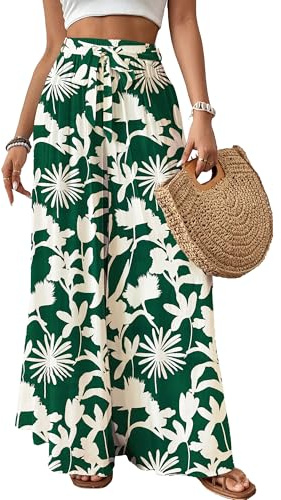 Bsubseach Wide Leg Pants Woman Flowy Floral Palazzo Pants for Women High Waisted Summer Casual Trousers Cruise Outfits Dark Green