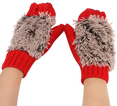 Cane Latex Winter Fashion Warm Knitted Gloves Thickened and Velvet Head Hedgehog Gloves Latex Women's Clothing (Red, One Size)