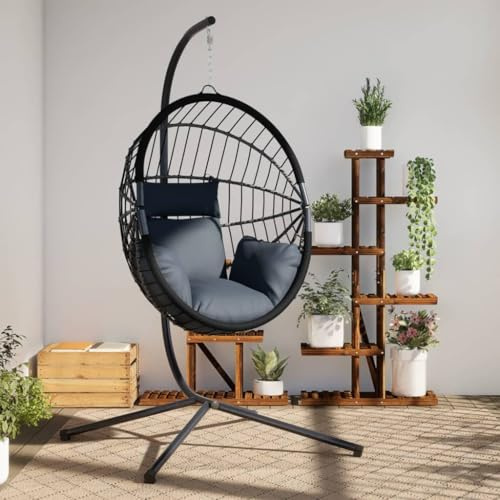 Willood Hängesessel mit Gestell Ei-Design Sessel Indoor oder Outdoor Schaukel mit Kissen + Rückenkissen Anthrazit Rattan und Stahl