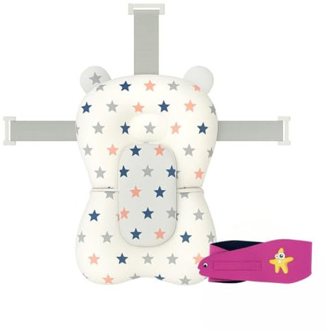 BATHBY | Cojín para Bañera de Bebé – Asiento Ergonómico Ajustable y Portátil con Malla Antideslizante, Almohada Reductora, Hamaca de Ducha con Diseño de Estrellas (Diadema para los Oídos)