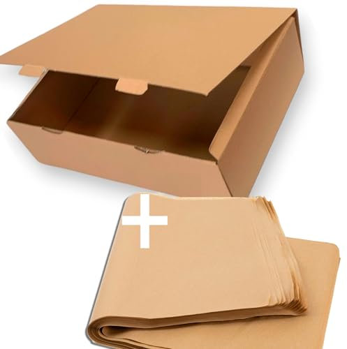 25 Cajas Automontables 43x30x12cm (Interiores) + 25/30 Hojas de Papel Manila (60x43cm), Cajas Postales de Cartón Ideal para E-Commerce y Envío Seguro (43x30x12cm - 25 + 25/30 Papel)