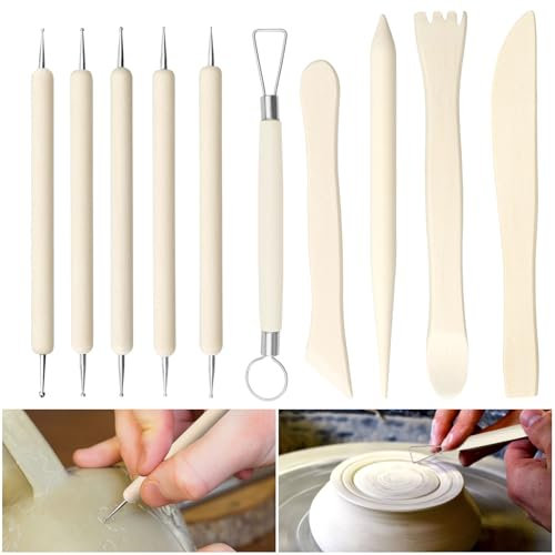 DAWRIS 10 PCS Polymer Clay Tools Wooden Clay Sculpting Tools Clay Modelling Tools Pottery Tools Pottery Kit for Adults Kids DIY Art Crafts Modeling Dot Lines Emboss Ceramic