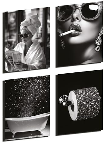 Donari Bild Badezimmer - WC Bilder für Toilette Schwarz Weiß modern und lustige Deko - Badezimmerdeko Poster Set 4er mit Rahmen (Motiv 1, 21x30 cm, Schwarzer Rahmen)