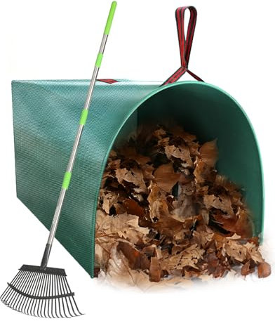 65 Inch 25 Tines Metal Leaf Rake Set with 40 Gal Dustpan-Type Bags