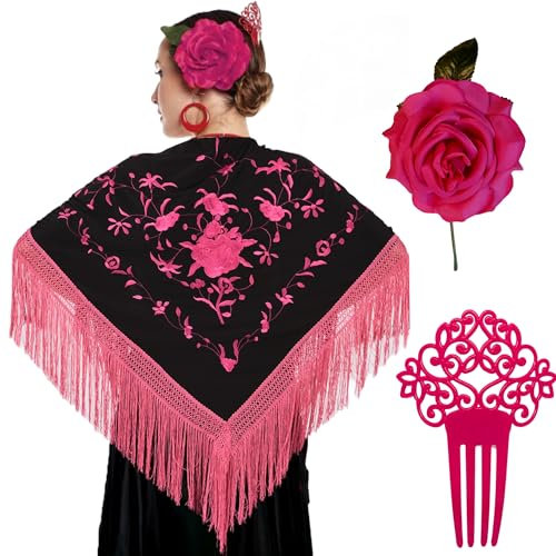 Mantón de Manila Flamenco, Peineta Bordada con Rosa, Accesorios para Feria de Abril