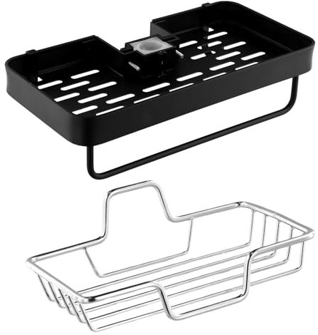 Hoxfly Mensola Doccia Senza Foratura, Mensole Bagno Rimovibile con 1 Portasapone Cucina in Acciaio Inox, Mensole Bagno per Shampoo, Supporto da Appendere per Hotel, Shelf, Ristorante (Nero, Argento)