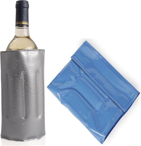 2 x Flaschenkühler für unterwegs - Weinkühler-Manschette mit Schnellverschluss - Kühlmanschette zum Kühlen von Bier, Wein und Softdrinks - Wiederverwendbar Sektkühler Picknick Reise (Silber-Blau)