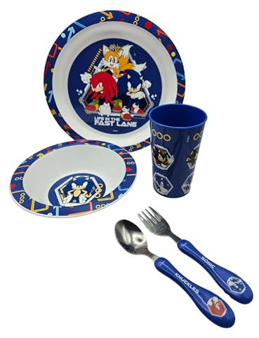 Service de table 5 pièces en polypropylène sous licence officielle – Vaisselle sans BPA, durable, légère et adaptée aux enfants – Sonic