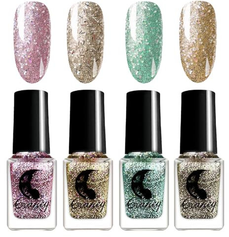 Nail Polish Set - Glitter Nail Polish - Reflective Pink Gold Sliver Green Nail Polish Sets - Quick Dry Nail Polish No Need Cure - Long Lasting Sparkly Shiny Nail Varnish Sets For Women DIY Nail Art