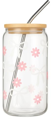 Cosmeria Elegantes Glass Tumbler mit Bow Design, 16 oz Glasbecher mit Deckel und Edelstahl Strohhalm, Ideal für Kaffee, Cocktails und Mehr