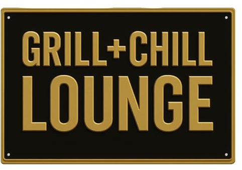 AstraDesign Blechschild „Grill + Chill Lounge“ 20x30cm – Metallschild für Garten, Terrasse & Grillplatz – leicht zu montieren – Geschenkidee für Grillfans & BBQ-Liebhaber