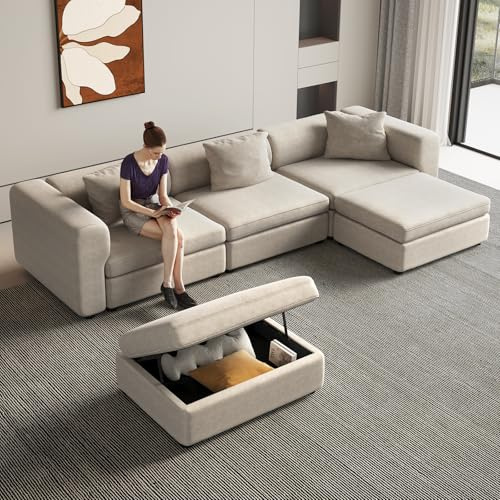 Guyii Modulares Stoffsofa, 5-Sitzer Couch, Bequeme Kombination aus Sofaelementen, Flexibles Sofa Design für Wohnzimmer, Gemütlich und Vielseitig, Beige (5 Sitzplätze (3 Sitze und 2 Ottomanen))