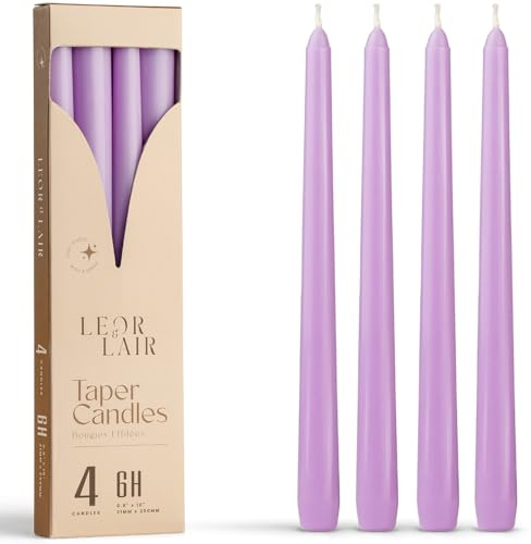 Leor & Lair Light Purple Candlesticks - 4 Pack 10 Long Candles - Unscented Long Burning Purple Candles for Easter, Bridal Showers, Spring Weddings, Restaurants & Events