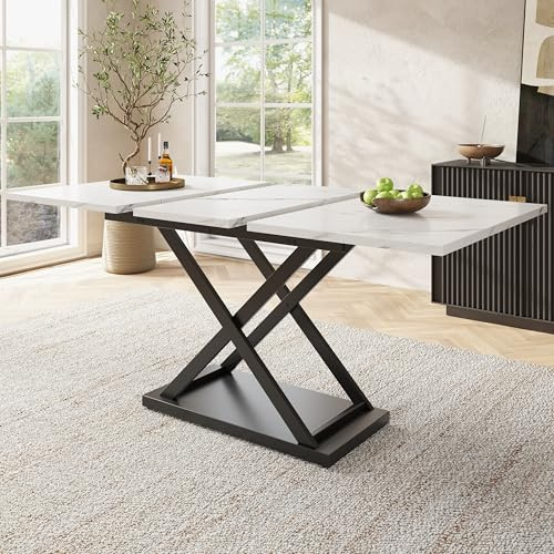 OKMYHOME Table à Manger Extensible avec Pieds Croisés en Métal Noir, Plateau Finition Blanche, 120-160 x 80 x 75 cm – Blanc