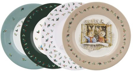 Petit Jour, Set de 4 Assiettes en Mélamine, Collection Pierre Lapin, Multicolore, Motifs de Noël, Rond, 20 x 20 x 3,5 cm, Pour Enfants 24m+
