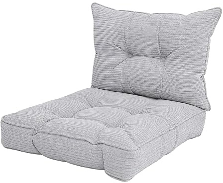 POKAR Stuhlkissen 2er Set 1x Sitzkissen 40x40x10 cm + 1x Rückenlehne 50x40x10 cm | Loungekissen aus Cord | Auflagen für Gartenstuhl und Rattanmöbel | Öko Tex Zertifiziert | Made In EU | Grau
