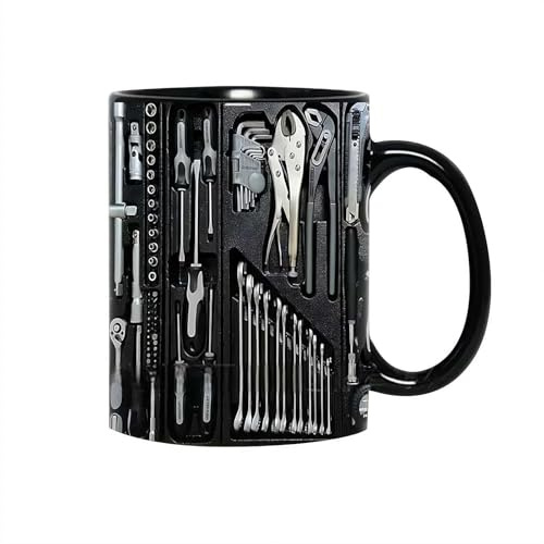 11oz Toolbox Coffee Mug - 3D Wraparound Mechanic Tools Print Ceramic Cup, Novelty Gift for Mechanics Engineers Handyman, Funny Garage Office Desk Decor (3.74 x 3.15)
