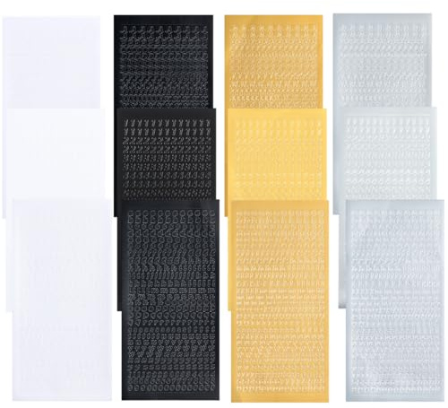 12 Blatt Wachsbuchstaben für Kerzen Set, Gold Silber Schwarz Weiß Buchstaben Aufkleber mit Zahlen Groß Kleinbuchstaben, Wachszahlen Sticker für Kommunionkerze Bastelset Taufe Hochzeit Verzieren