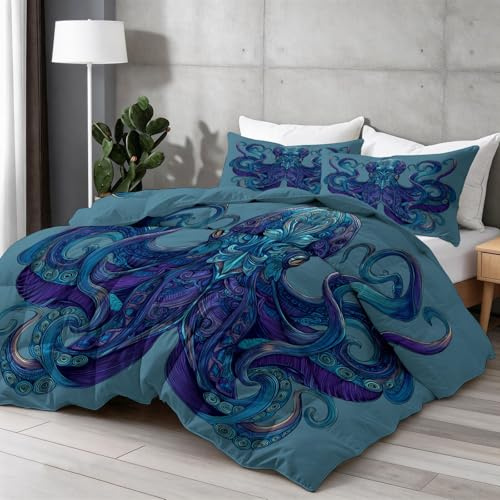 Bettdecke 155x220 cm Ganzjahresdecke Steppdecke - Bettdecke Ohne Bezug Abstraktes Gemälde Oktopus - 4 Jahreszeiten Bettdecken Wende Blau Lila, Weiche Warm Duvet Schlafdecke