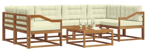 vidaXL Outdoor-Sofagarnitur mit Kissen 7 pcs Natur und Creme, Modernes Outdoor-Sofaset, langlebige Gartenmöbel für Patio, Poolbereich, Hinterhof-Couch und modulares Sofa.