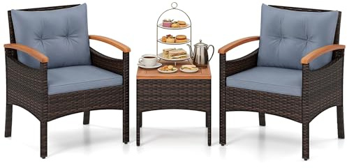GIANTEX Set di Mobili a 3 Pezzi, Set da Bistrot in Rattan per Esterni con Tavolino, Cuscini Morbidi, Set da Conversazione in Legno d'Acacia per Patio, Cortile, Bordo Piscina (Grigio)