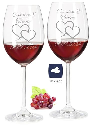 laser-diele Leonardo Weingläser mit Gravur - Zwei Herzen - Personalisiert mit Namen und Datum - Hochzeitsgeschenk für das Brautpaar - 460ml Rotwein