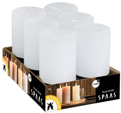 Spaas 6 Rustikale Stumpenkerze 68/130 mm, ± 60 Stunden, ohne Duft-weiß, Paraffinwachs, D 70 mm x H, 0633252.001, D 70 mm x H 130 mm