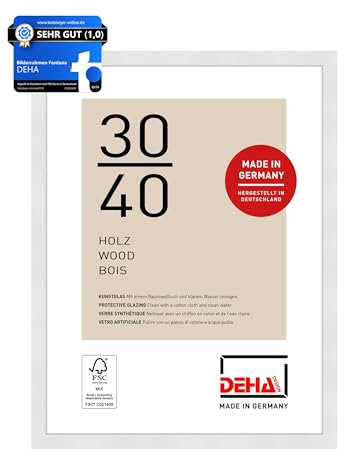 DEHA Design Bilderrahmen, 30 x 40 cm, Holz, Weiß, Fotorahmen zum Aufhängen im Hoch- & Querformat, bruchsicheres Kunstglas, Fontana