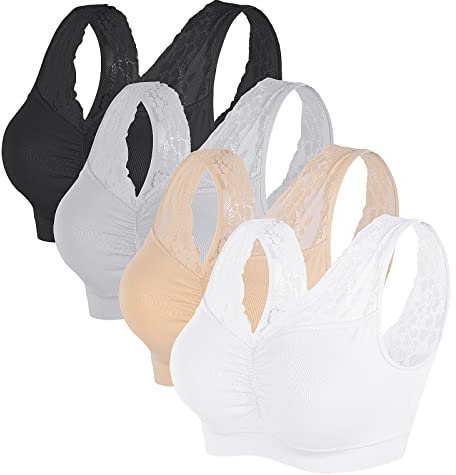 Vertvie Damen 1/2/3/4 Packs Ohne Buegel Sports BH Push up Yoga Bra Stretch Elastizität Bustier Atmungsaktiv Lauf Joggen Yoga Bra Oberteiles Tops Schwarz+Weiß+Grau+Haut,L