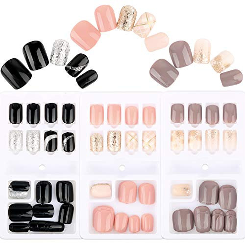 3 Boîtes 90pcs Faux Ongles Court Nail Ongle Couverture Complète Rose Noir Argent Paillette Brillant en ABS Transfert Pochoir Décoration DIY Accessoire de Manucure pour Femme Fille