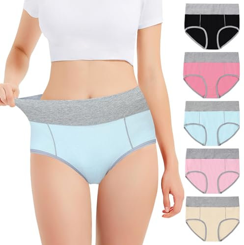 Falechay Unterhosen Damen Unterwäsche Bauchweg Baumwolle Slips Damen Panties High Waist Taillenslip Mehrpack 5er Pack Schwarz&Rosenrot&Blau&Rosa&Gelb M