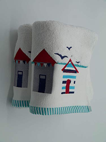 Lex's Linens Pack of 2 Beach Hut & Birds Embroidered Bath Sheets