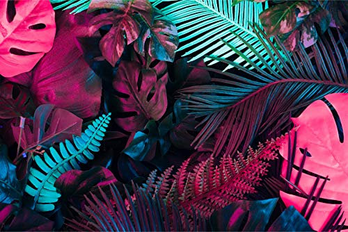 Muralo Vlies Fototapete 450 x 300 Neon Blätter Natur Tapete Pflanzen Flora Dschungel Exotik Wohnzimmer Schlafzimmer Wandbilder XXL Wand Br. 450 cm x Hö. 300 cm