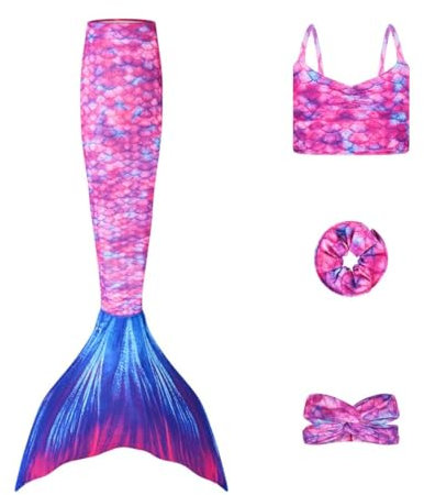 Planet Mermaid 4-teiliges Meerjungfrauenschwanz-Badeanzug für Mädchen, inklusive Meerjungfrauenschwanz (Monoflosse Nicht im Lieferumfang enthalten), Oberteil, Kopfbedeckung und Haargummi