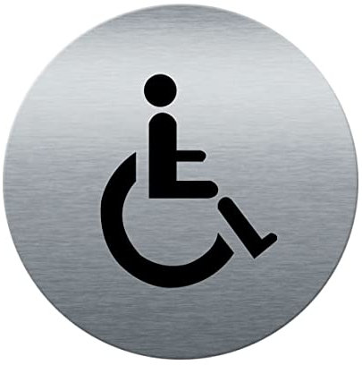 AUA SIGNALETIQUE - Plaque de porte Aluminium brossé imprimé AluSign Ø 85 mm - épaisseur. 3 mm - Double Face adhésif au dos (Toilettes handicapés)