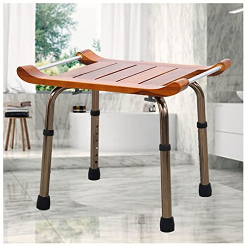 Siege de Douche en Bois de Teck avec Accoudoirs Tabouret de Douche Hauteur Réglable Imperméable Chaise de Banc de Douche en Aluminium de Spa avec Pieds Antidérapants pour Personnes âgées