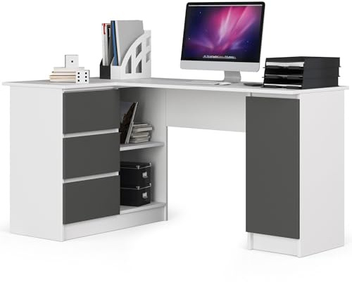 AKORD Bureau d'angle B-20 avec 3 tiroirs, 2 étagères et Une étagère avec Porte Gauche ou Droite, 155 x 77 x 85, 60 kg | Blanc/Gris Graphite