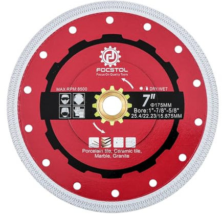 FOCSTOL Disque Diamant Carrelage - 175mm x 25,4mm Lame Scie Diamant pour Porcelaine Céramique Carrelage Marbre Granit Quartz avec X Mesh Jante