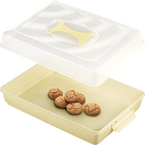 KADAX Caja de plástico para tartas con tapa, 43 x 30 x 12,5 cm, caja de transporte con asa, molde para tartas de hojalata, magdalenas, rectangular, caja de alimentos (crema v2)