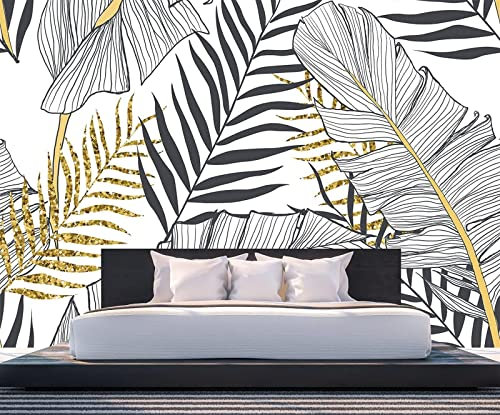 Papier Peint Panoramique Feuilles Blanc Noir Papier Peint Intissé 3D Tapisserie Poster Decoration Murale Chambre Salon