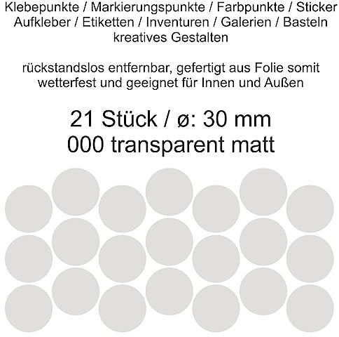 Aufkleber Etiketten Klebepunkte aus Folie 21 Stück transparent durchsichtig matt rund 30 mm selbstklebend farbig wetterfest Decal Markierungen Organisieren DIY basteln verzieren Modellbau Scrapbooking