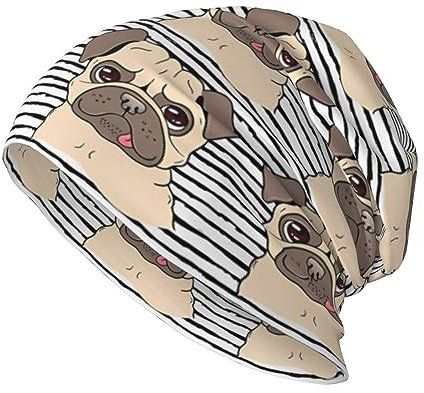QQLADY Lustige Happy Pug Dog Beanie Mütze für Männer Frauen Strick Slouchy Beanie Skull Cap Warme Wintermütze Nacht Schlafmütze, Lustiger fröhlicher Mops-Hund, Einheitsgröße