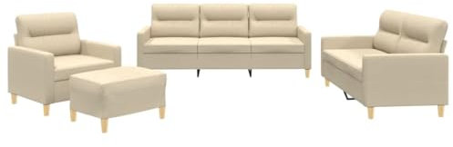 vidaXL Sofagarnitur 4-TLG., Sessel Couch mit Kissen Fußhocker, Sofa Wohnzimmersofa mit Armlehnen, Couchgarnitur Designsofa Sitzmöbel Polstermöbel, Creme Stoff
