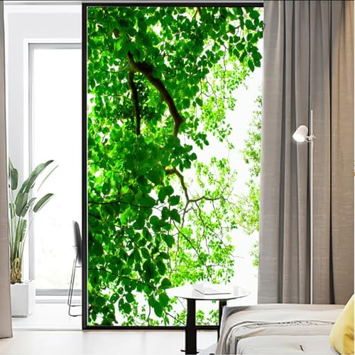 Sichtschutz-Fensterfolie mit grünen Pflanzen-Druck Milchglas statisch Haftend Fensterbehandlungen Glasaufkleber Dekorative Folie für Verkleidung Glastür Wohndekor 88x200cm (34,6x78,74)