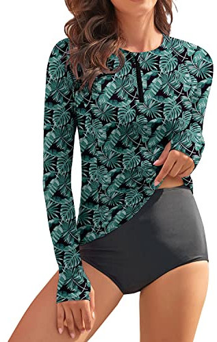 WOWENY Rashguard - Maglietta da Nuoto da Donna, a Maniche Lunghe, con Zip a 1/4, Pj, XL